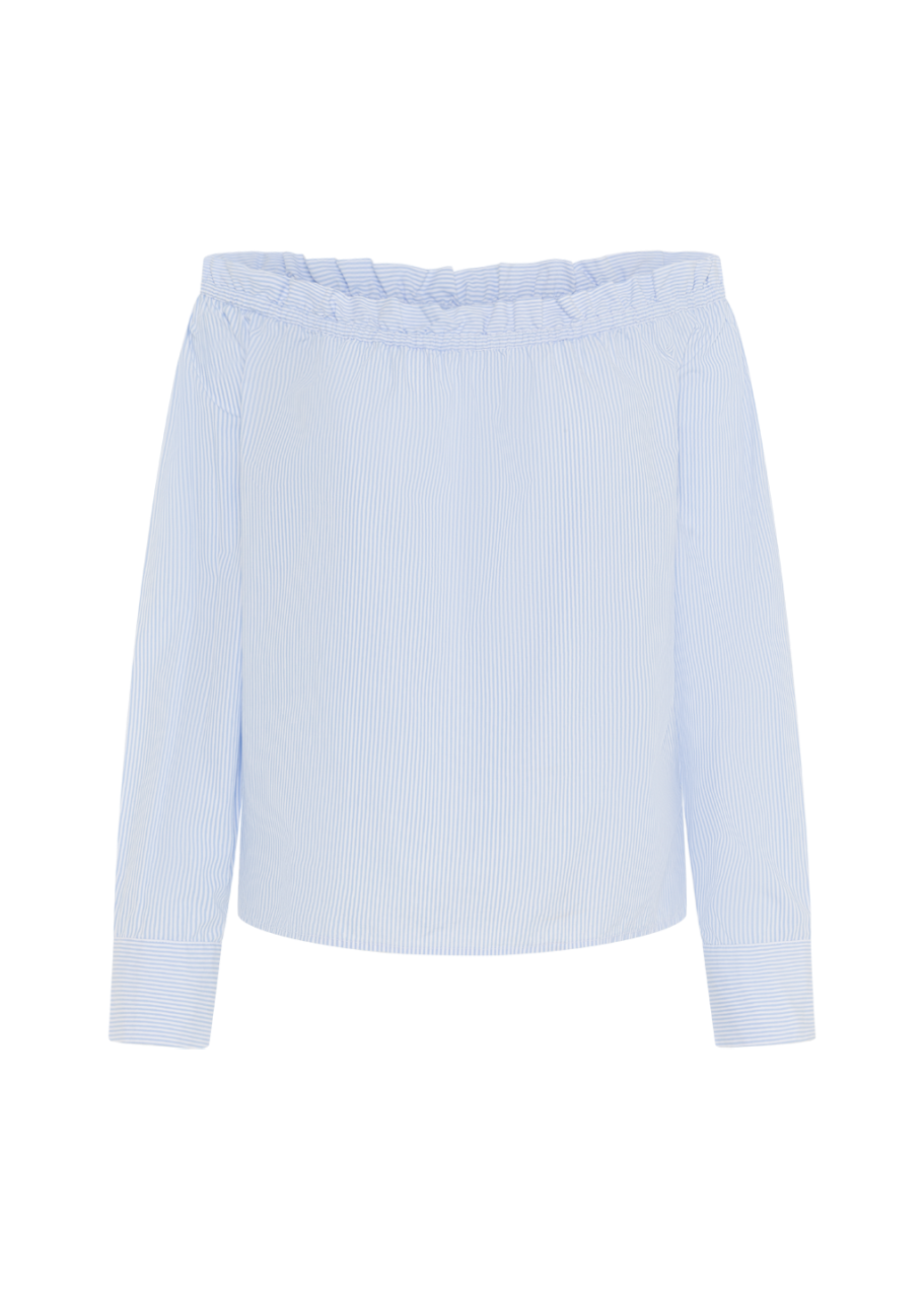 STRAWBERRY OFF SHOULDER STRIPED BLOUSE - LIGHT BLUE AND WHITE