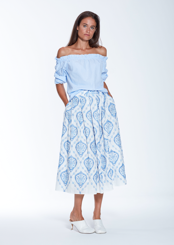 STRAWBERRY OFF SHOULDER STRIPED BLOUSE - LIGHT BLUE AND WHITE