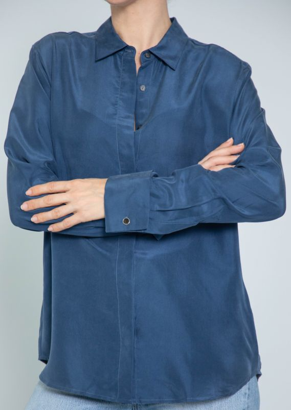 ODELLE CUFF SILK NAVY BLOUSE