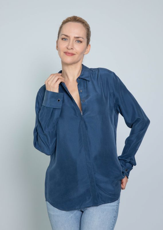ODELLE CUFF SILK NAVY BLOUSE