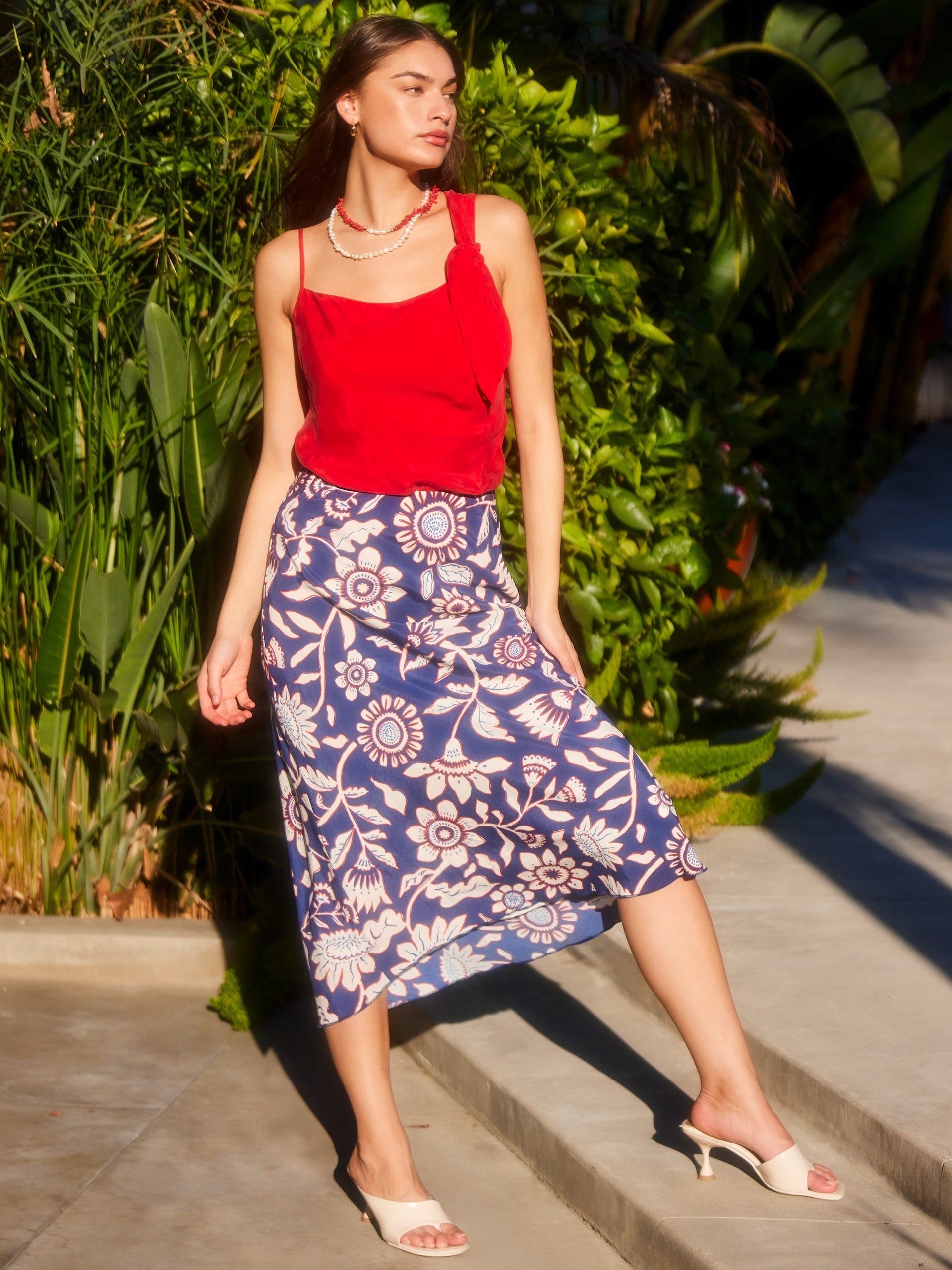 MIA SKETCH FLORAL PRINT CREPE BIAS MIDI SKIRT