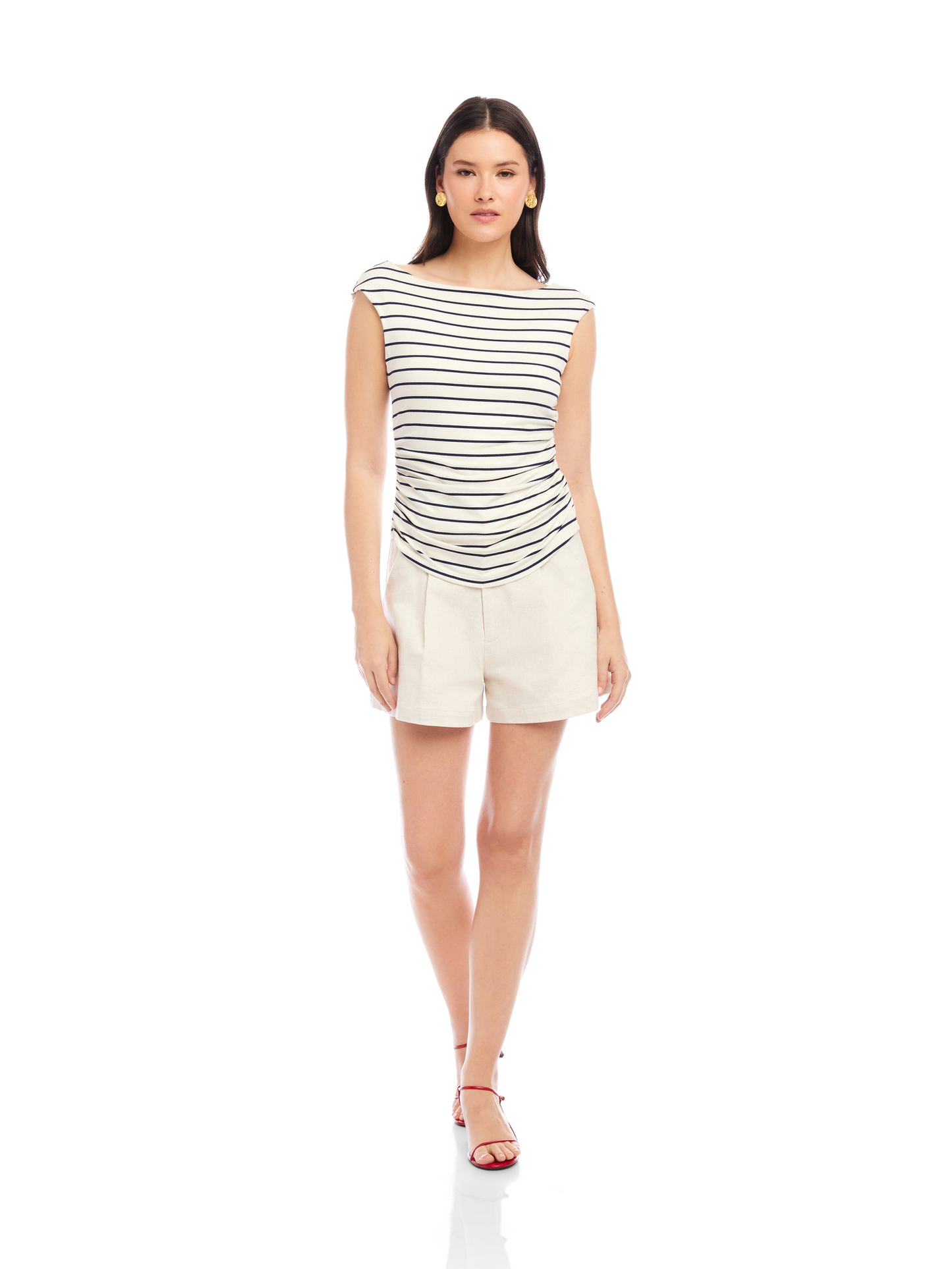 TASHA STRIPE JERSEY SIDE SHIRRED TOP - NAVY
