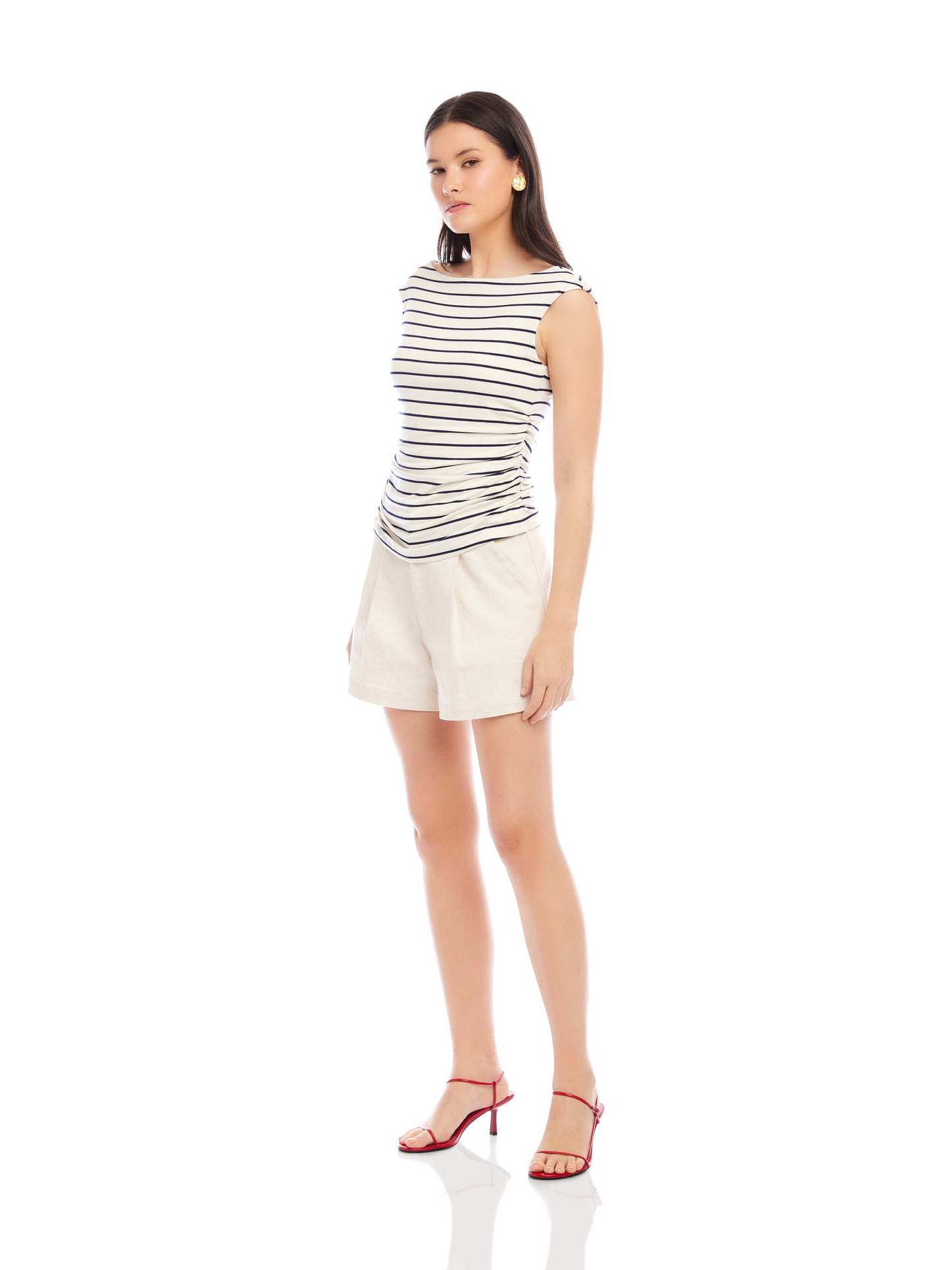 TASHA STRIPE JERSEY SIDE SHIRRED TOP - NAVY