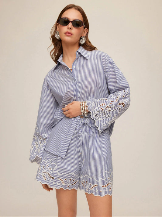 DAKOTA EMBROIDERED STRIPED COTTON SHIRT - NAVY/WHITE