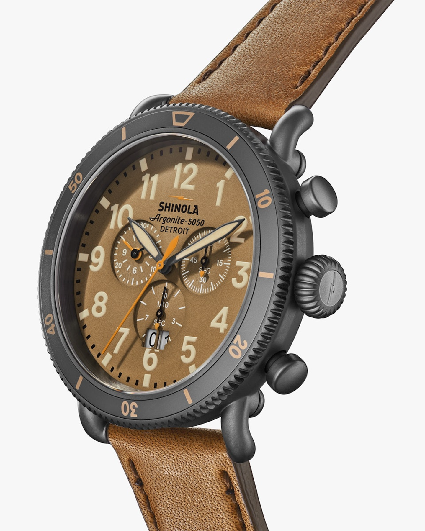 THE RUNWELL SPORT CHRONO 48MM WITH LEATHER STRAP IN DARK CAMEL