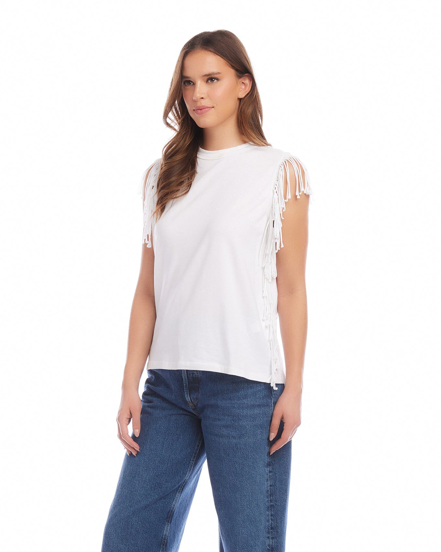 COTTON BLEND JERSEY OFF WHITE FRINGE TEE
