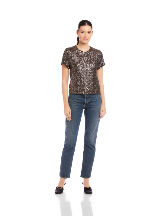 STACEY SEQUIN MESH TOP - BROWN