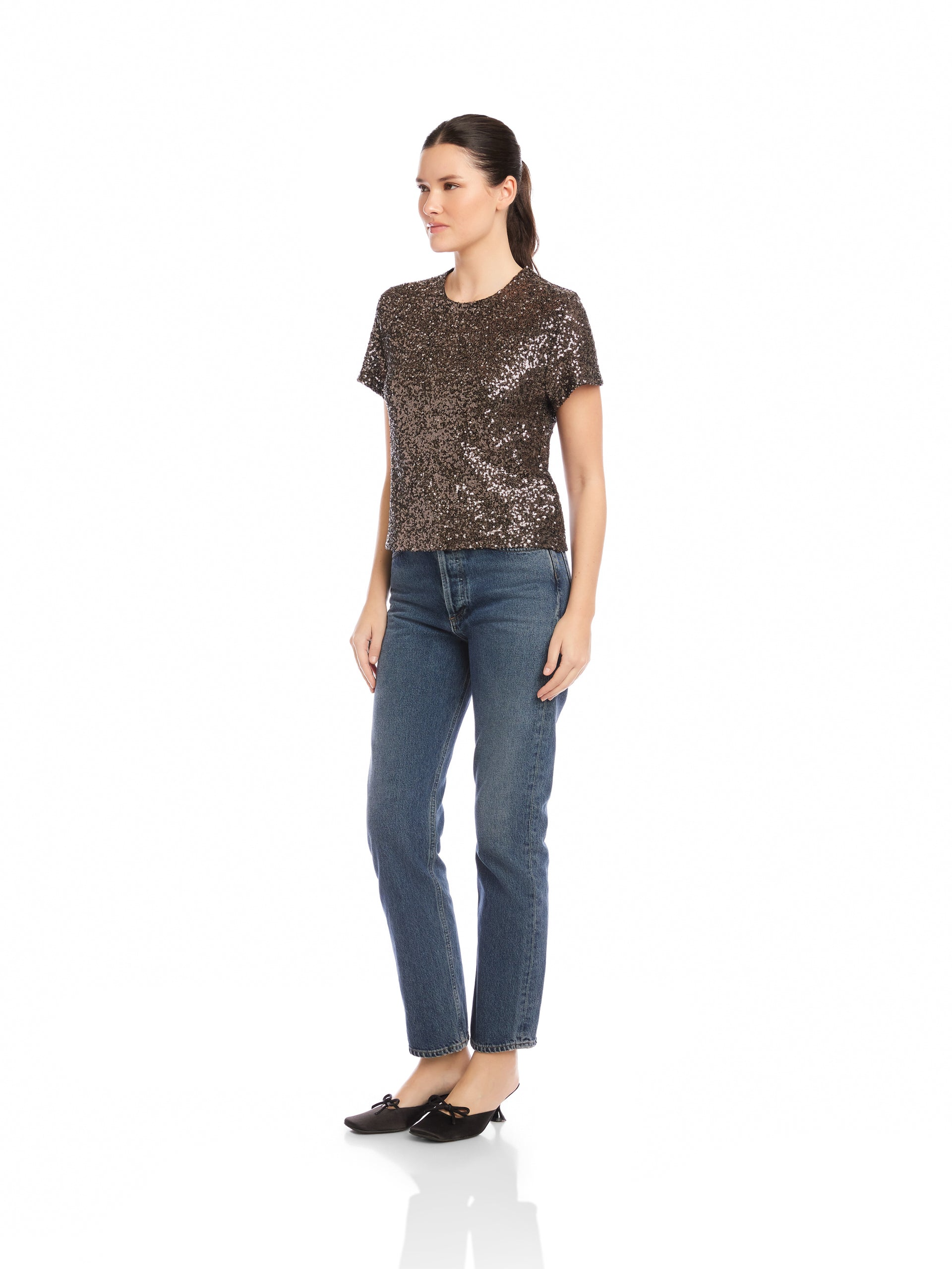 STACEY SEQUIN MESH TOP - BROWN
