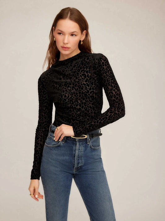 KHAMI VELVET BURNOUT PRINTED SHIRRED TOP