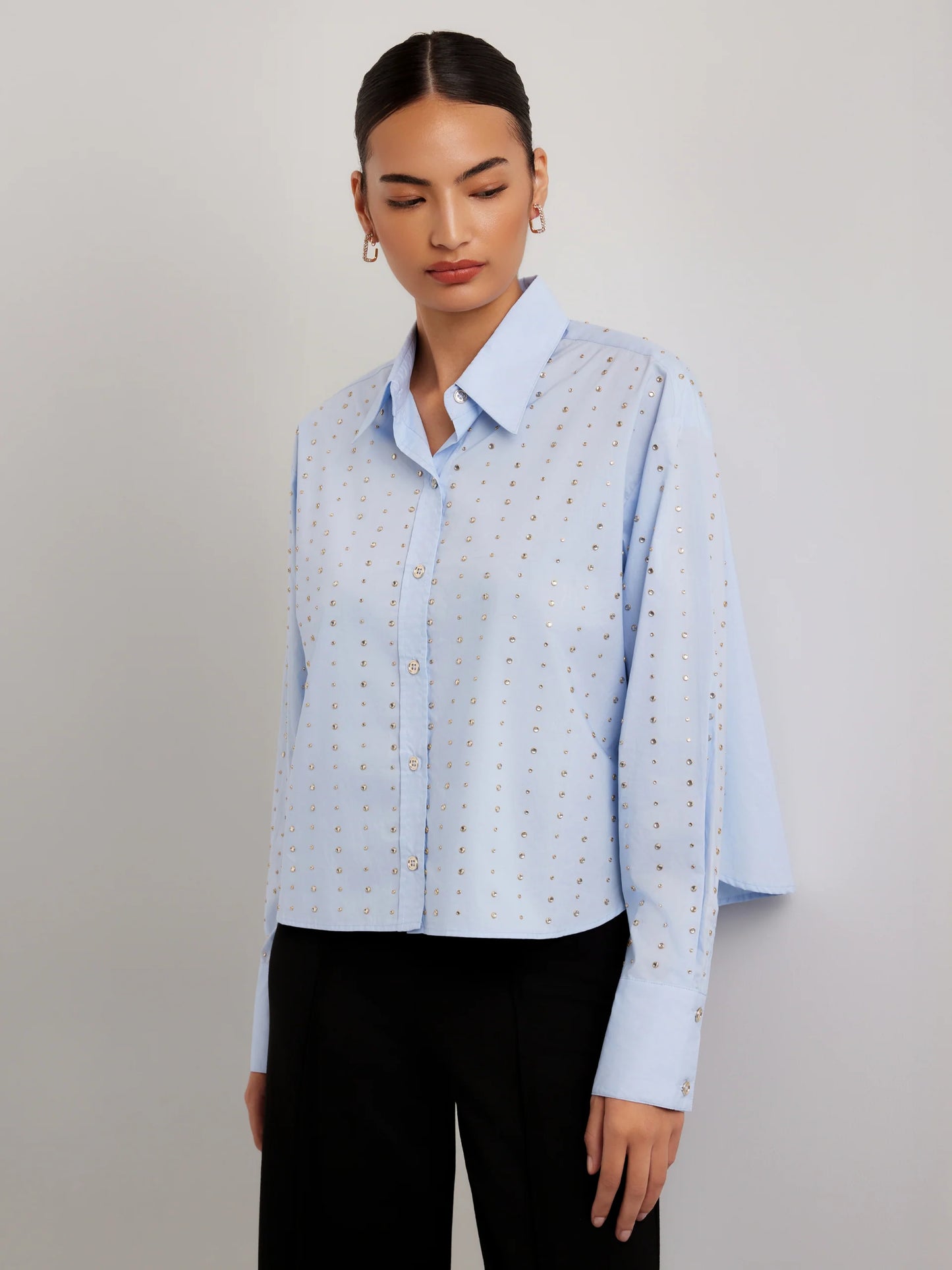 LISA EMBELLISHED COTTON POPLIN BUTTON UP TOP - SKY BLUE