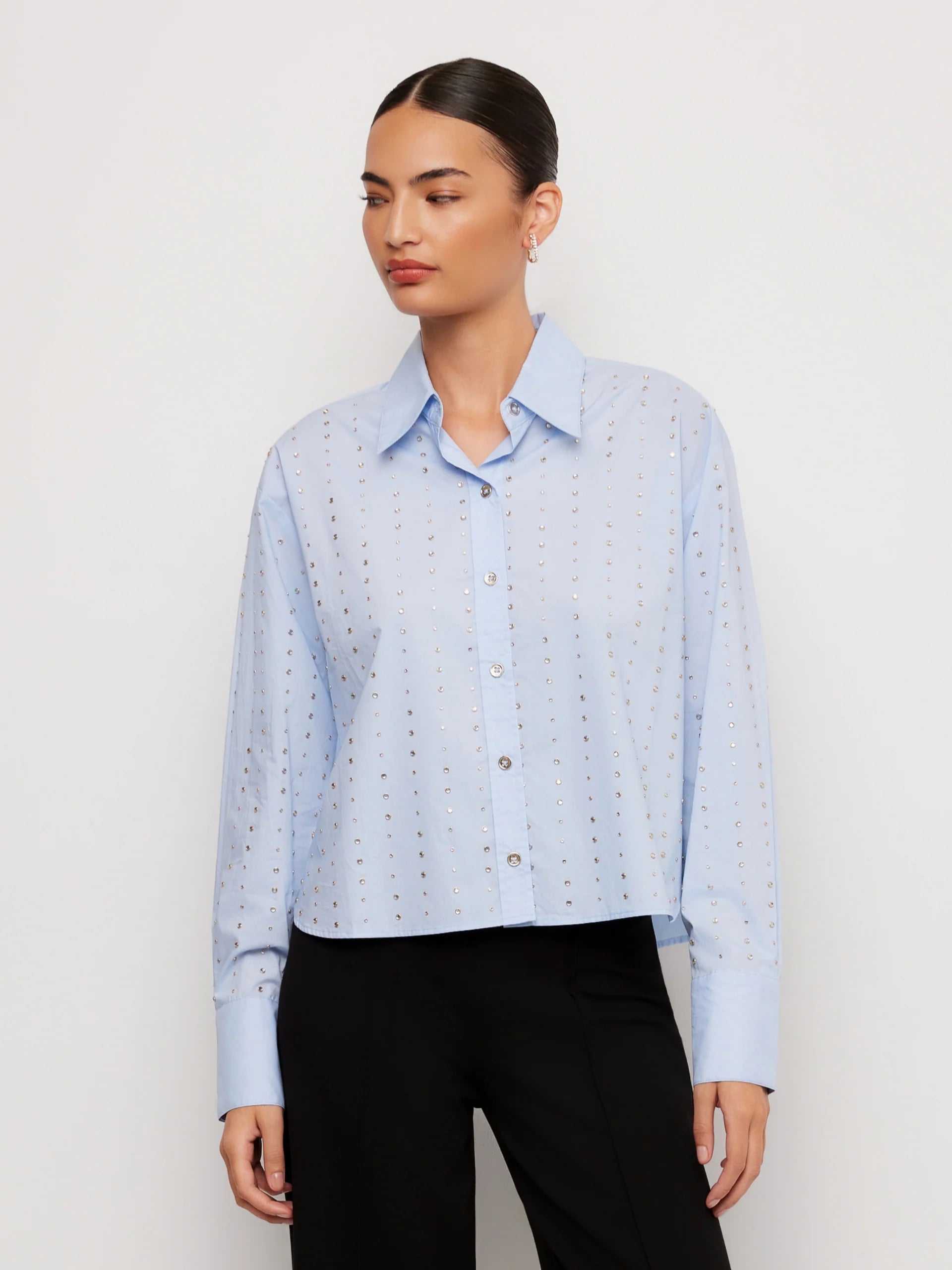 LISA EMBELLISHED COTTON POPLIN BUTTON UP TOP - SKY BLUE