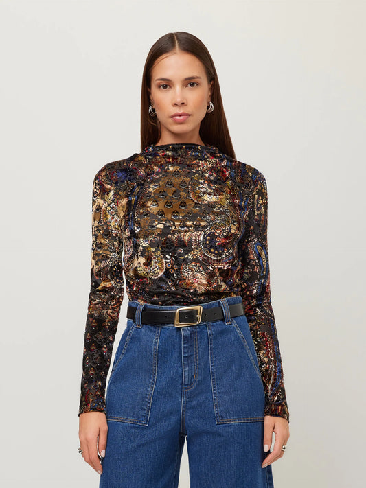 KHAMI PAISLEY VELVET SHIRRED TOP - BROWN/BLACK