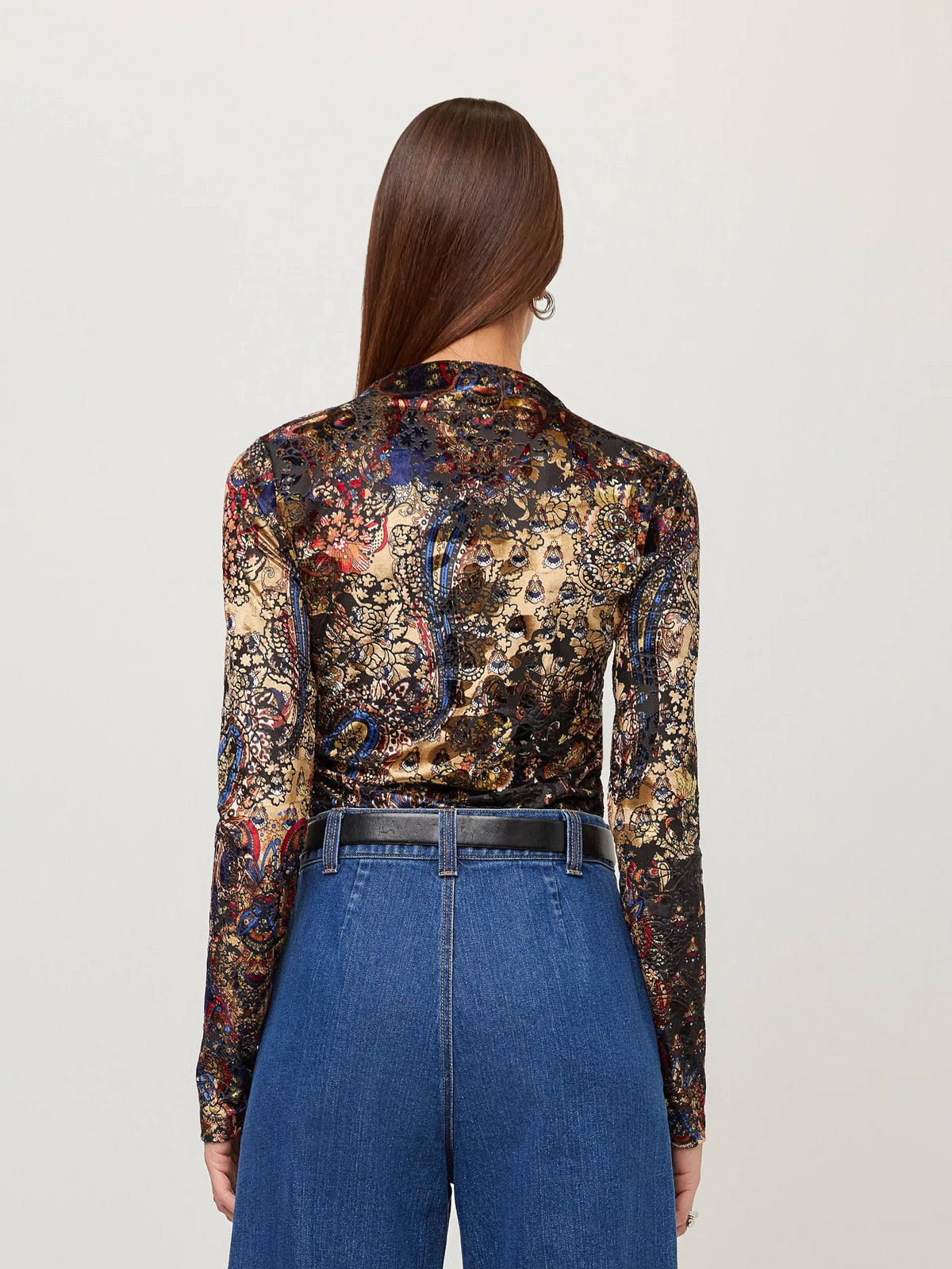 KHAMI PAISLEY VELVET SHIRRED TOP - BROWN/BLACK