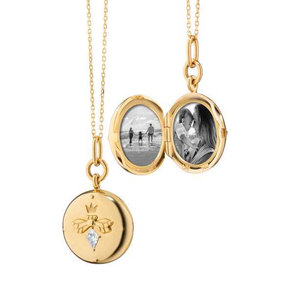 18K YELLOW GOLD ROUND BEE LOCKET WITH DIAMOND NECKLACE