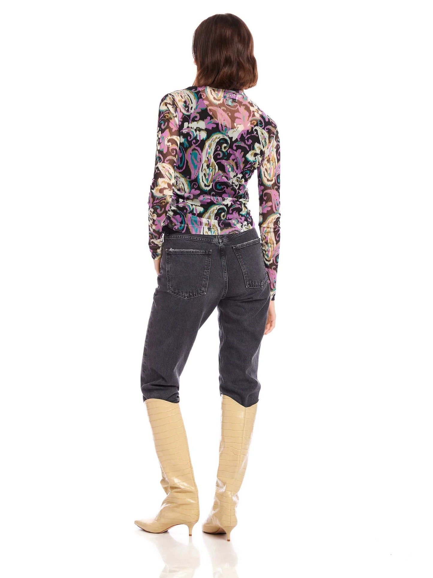 KHAMI PAISLEY VELVET SHIRRED TOP - BROWN/BLACK