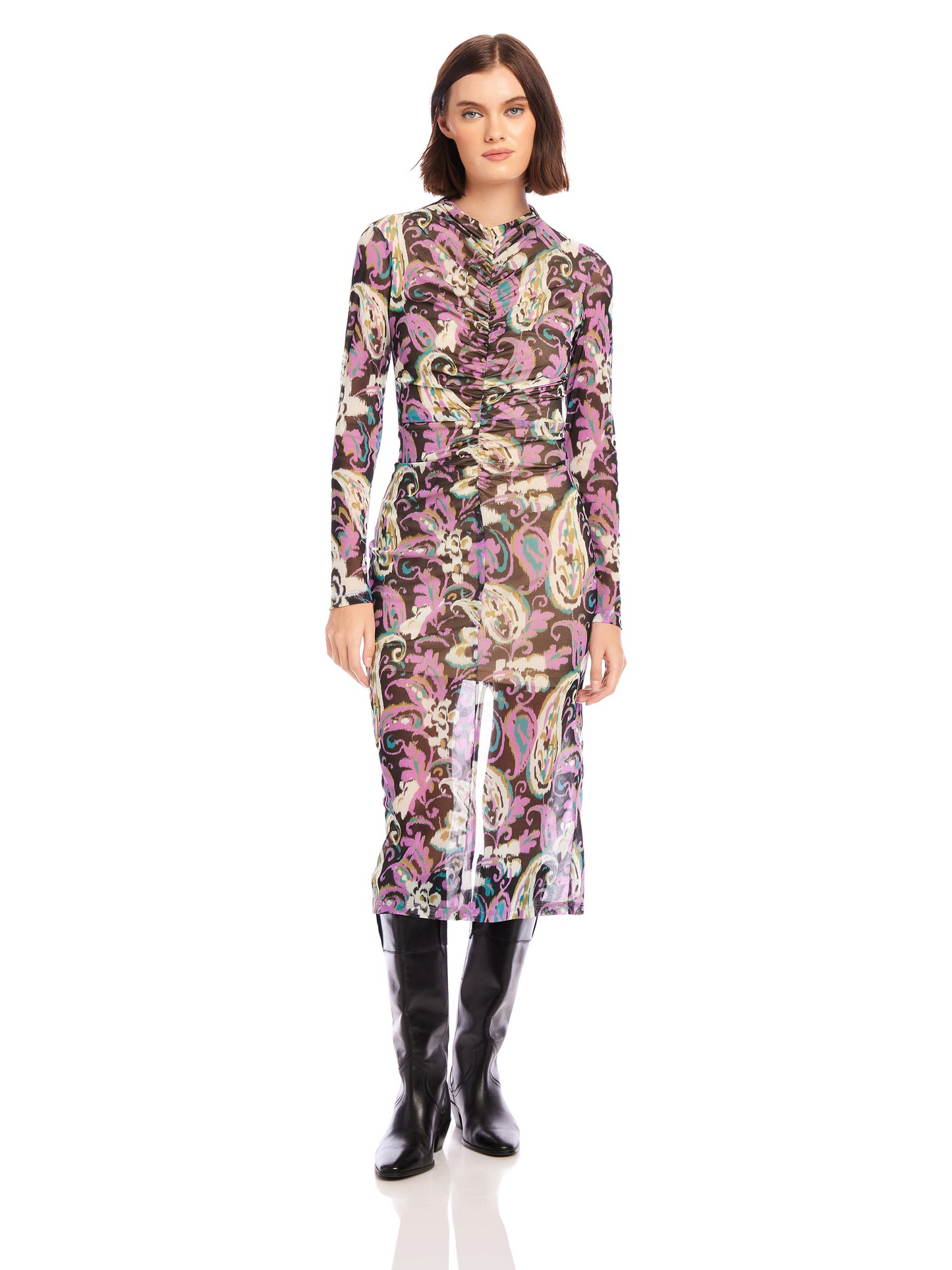 RUCHED SELENA MIDI DRESS - SHADOW PAISLEY MESH