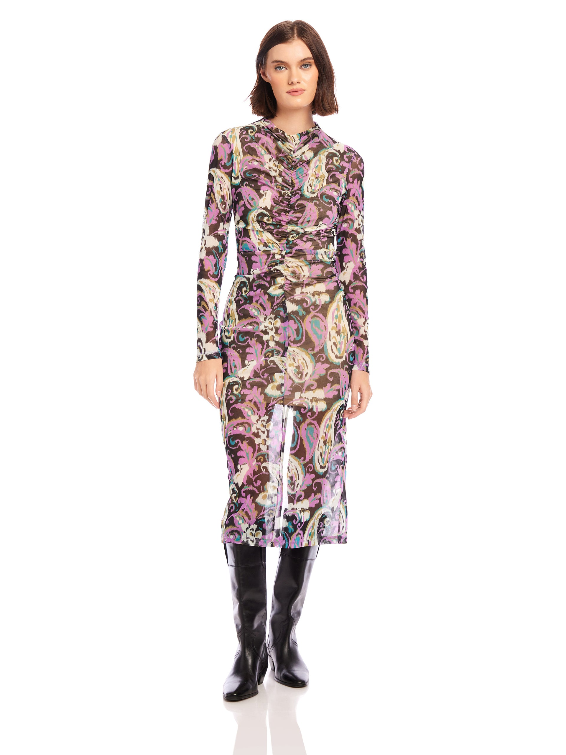 RUCHED SELENA MIDI DRESS - SHADOW PAISLEY MESH