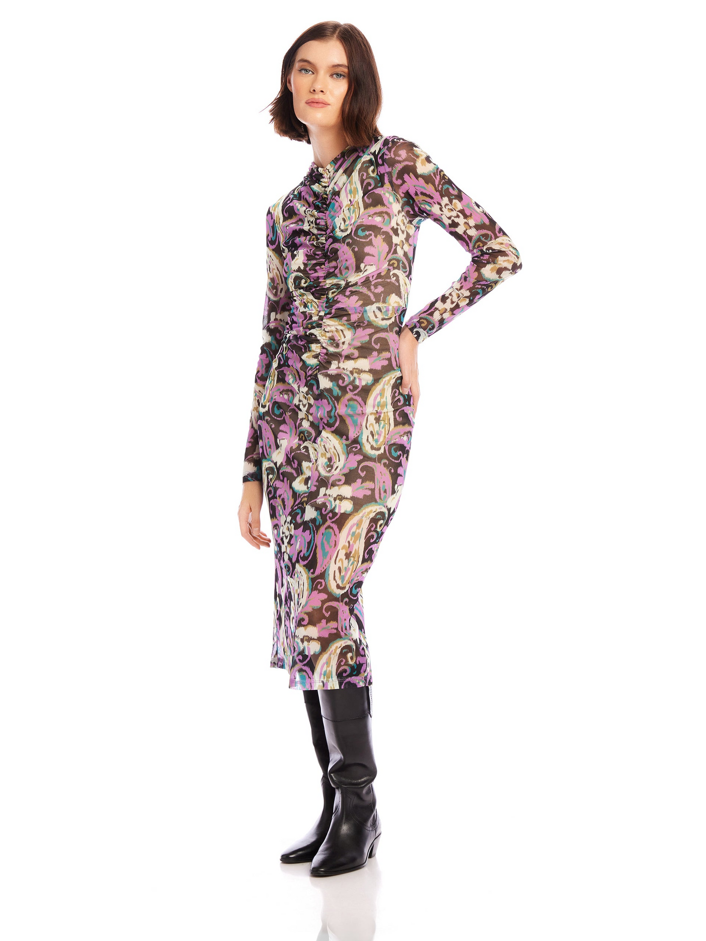 RUCHED SELENA MIDI DRESS - SHADOW PAISLEY MESH