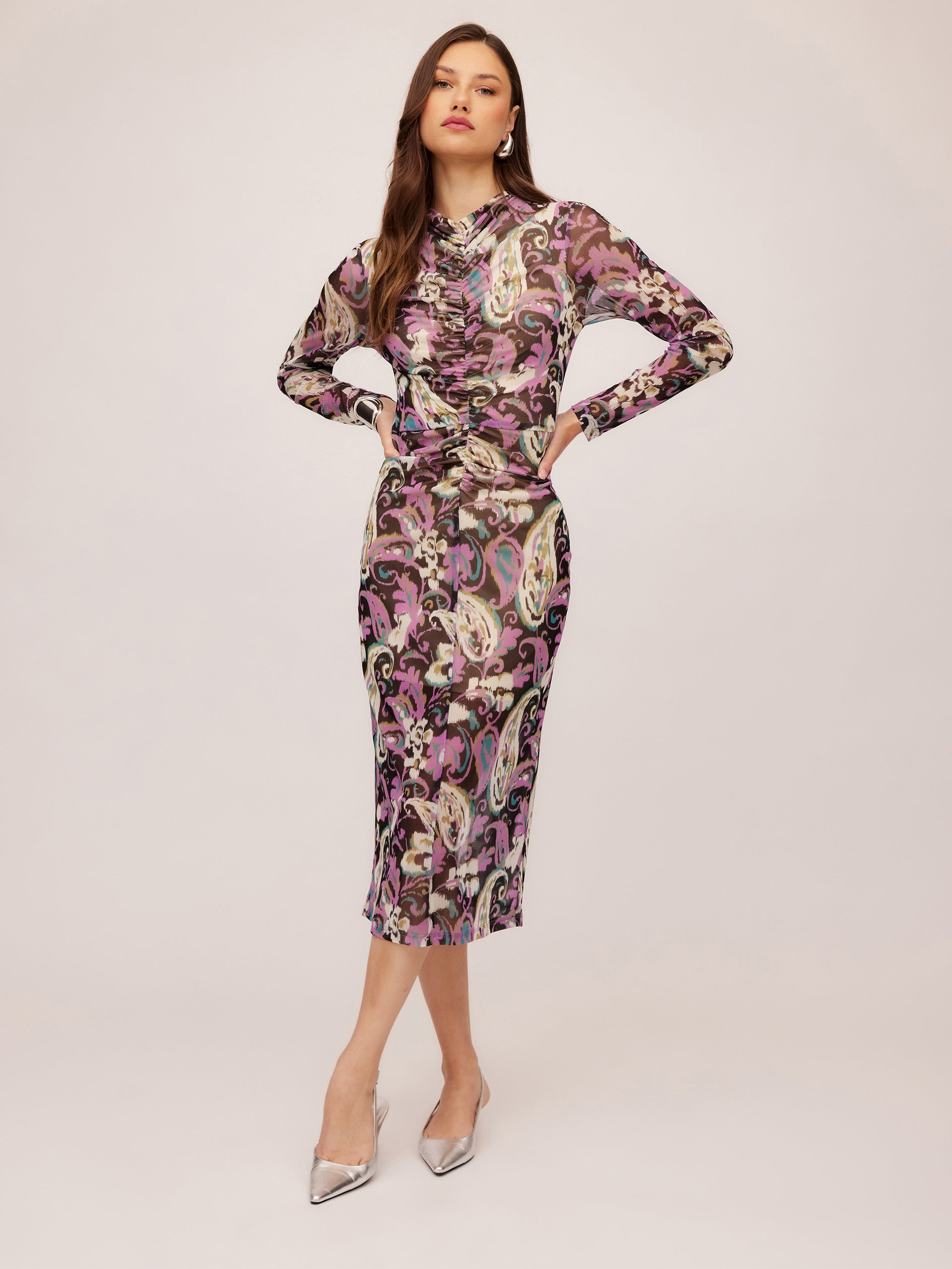 RUCHED SELENA MIDI DRESS - SHADOW PAISLEY MESH