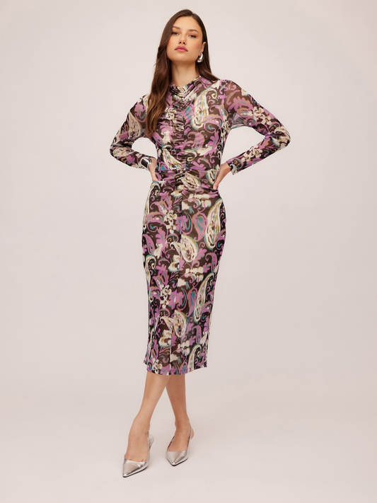 RUCHED SELENA MIDI DRESS - SHADOW PAISLEY MESH