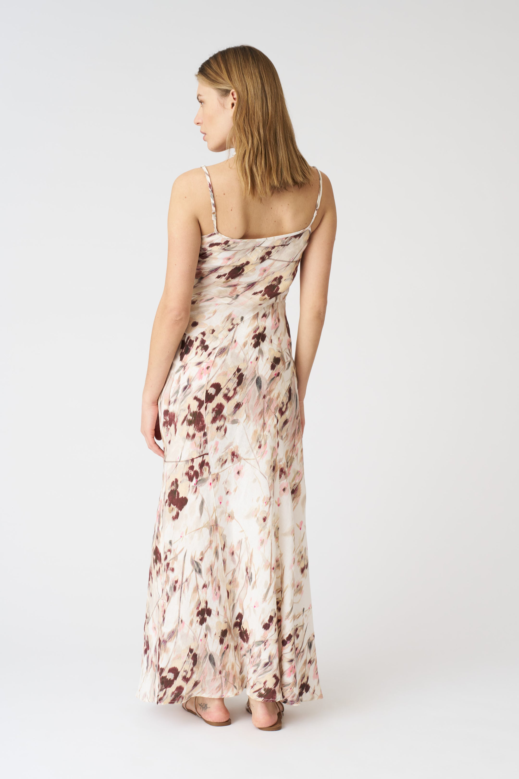 LIGHT BEIGE FLORAL PRINT LONG LINEN DRESS - WASHED PINK PRINT