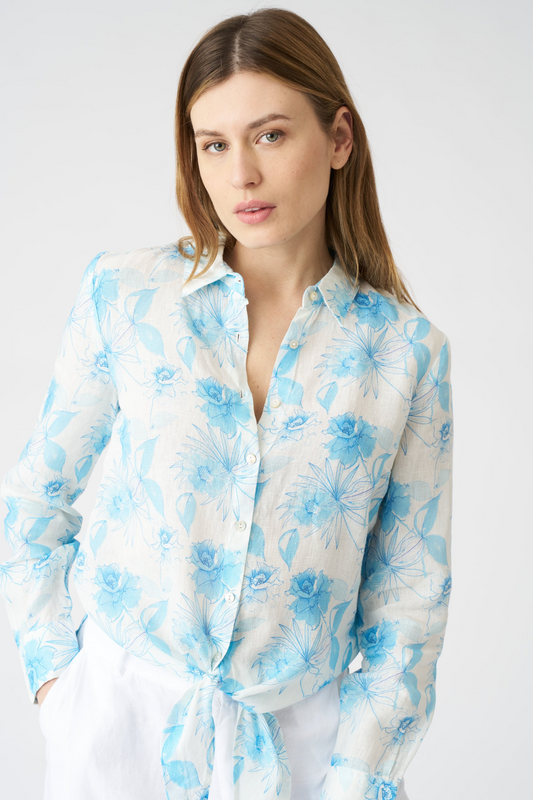 LIGHT BLUE FLOWER PRINT WHITE LINEN BLOUSE