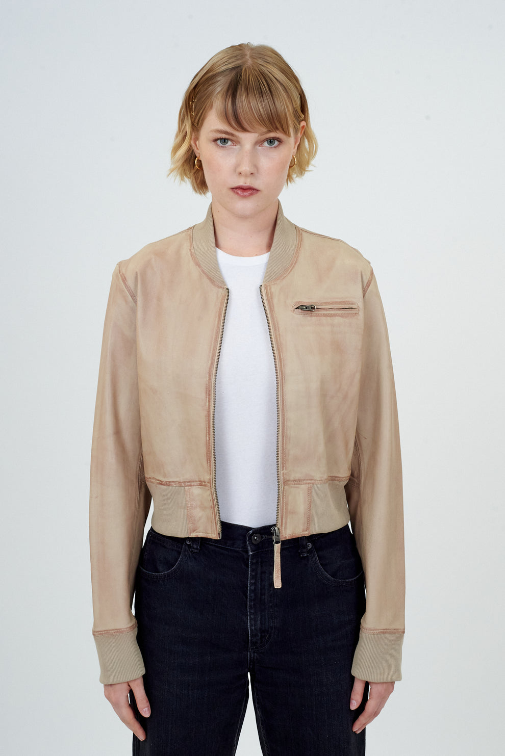 COLLINS STONEWASH LEATHER JACKET - KHAKI/TAUPE