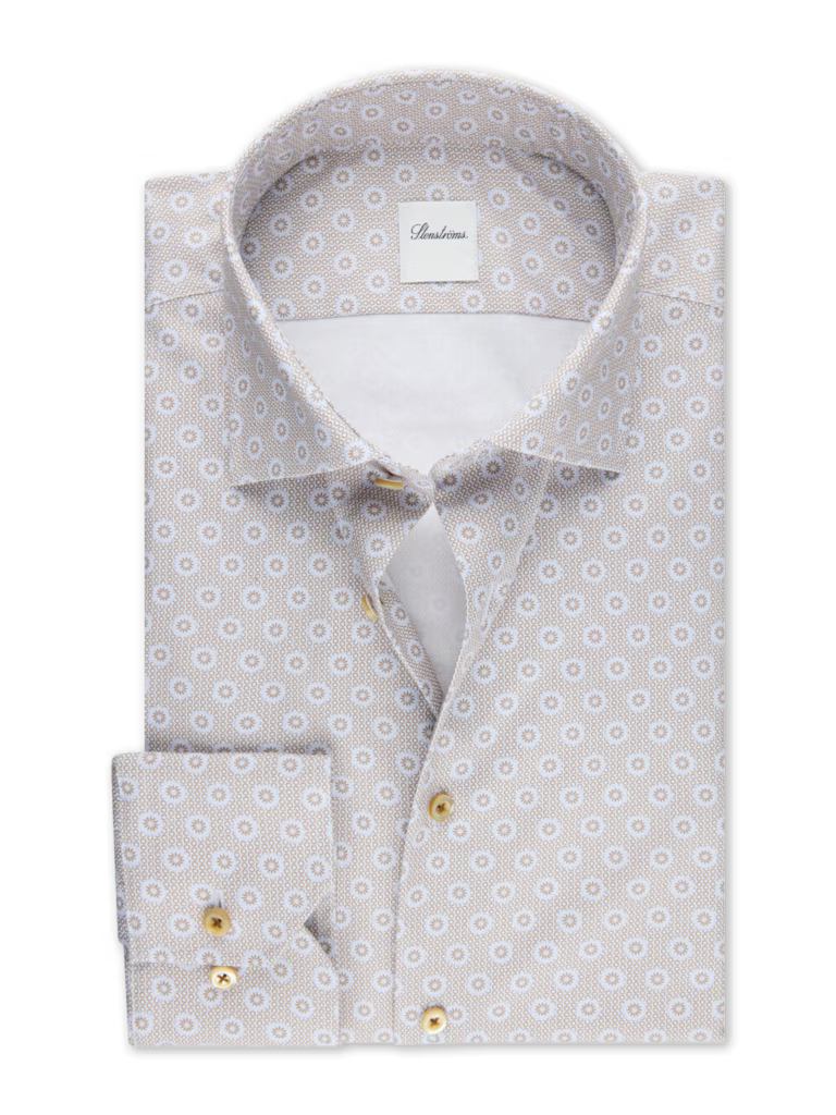 LIGHT BROWN ON WHITE GEOMETRIC PRINT COTTON SHIRT