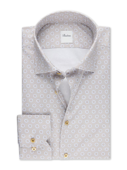 LIGHT BROWN ON WHITE GEOMETRIC PRINT COTTON SHIRT