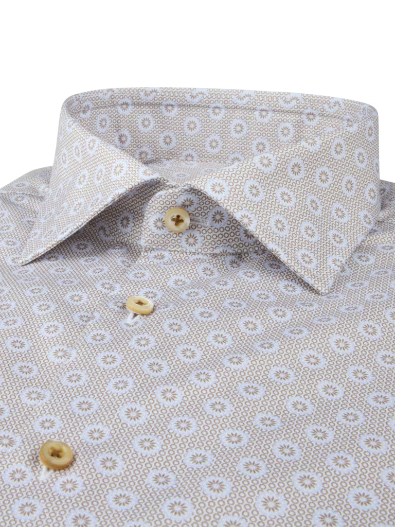 LIGHT BROWN ON WHITE GEOMETRIC PRINT COTTON SHIRT