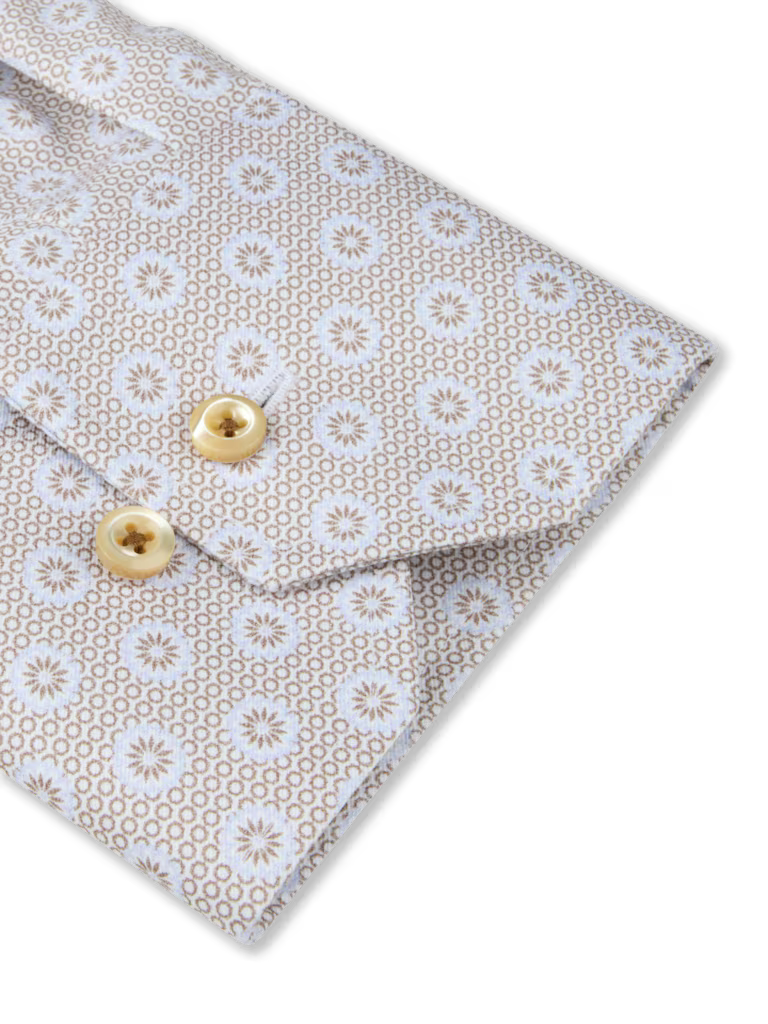 LIGHT BROWN ON WHITE GEOMETRIC PRINT COTTON SHIRT