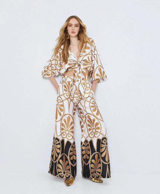 WHITE AND BRONZE PRINTED TIE FRONT BLOUSE