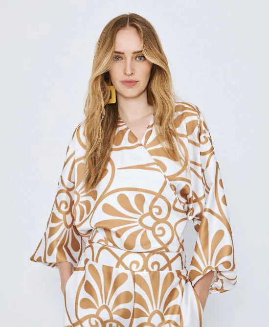 WHITE AND BRONZE PRINTED TIE FRONT BLOUSE