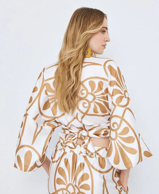 WHITE AND BRONZE PRINTED TIE FRONT BLOUSE