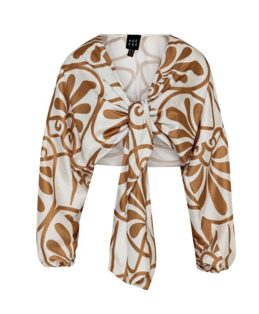 WHITE AND BRONZE PRINTED TIE FRONT BLOUSE