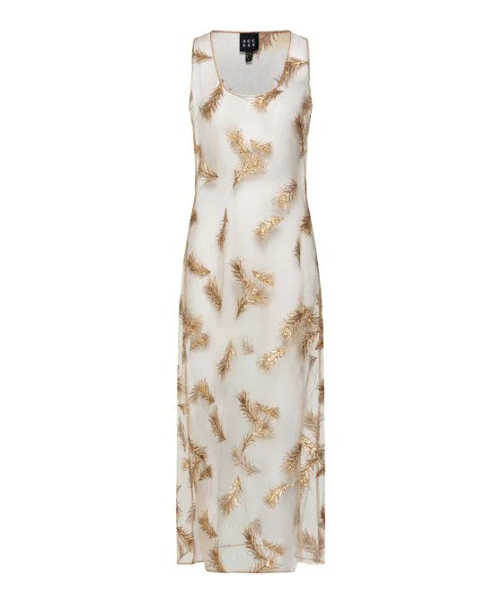 GOLD FEATHER EMBROIDERY LONG SHEER DRESS