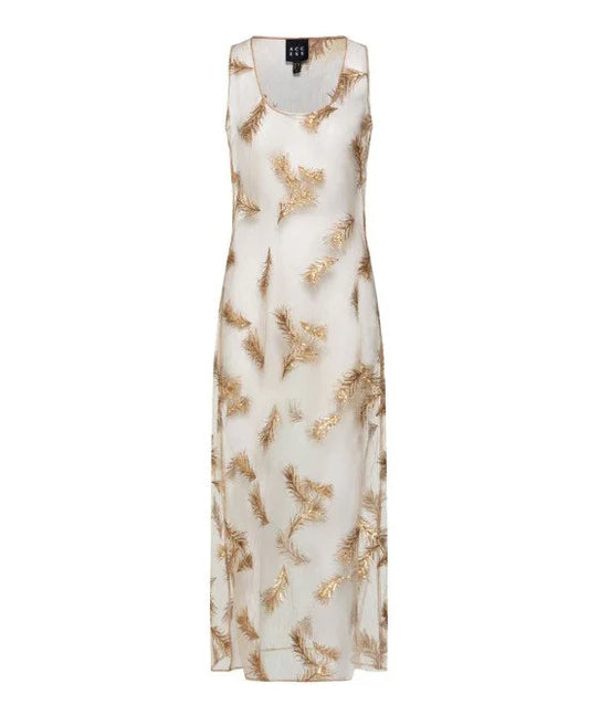 GOLD FEATHER EMBROIDERY LONG SHEER DRESS