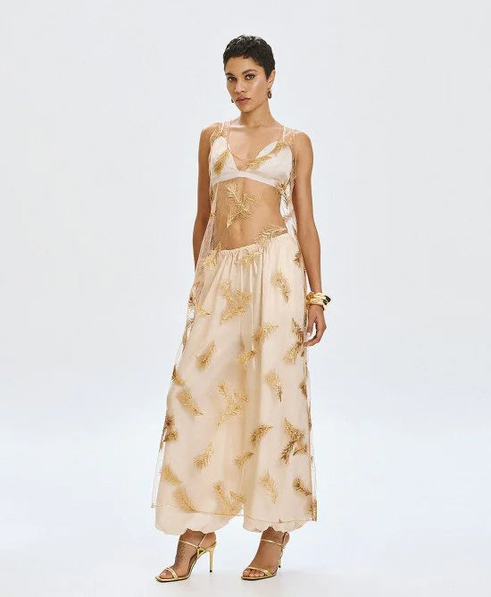 GOLD FEATHER EMBROIDERY LONG SHEER DRESS