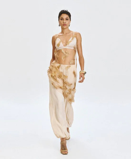 GOLD FEATHER EMBROIDERY LONG SHEER DRESS