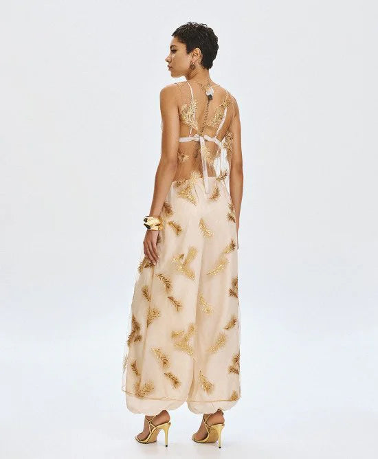 GOLD FEATHER EMBROIDERY LONG SHEER DRESS