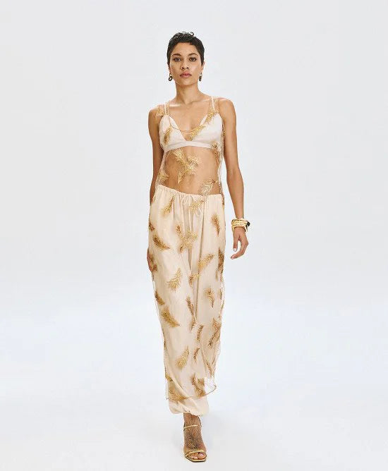 GOLD FEATHER EMBROIDERY LONG SHEER DRESS