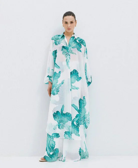 WHITE AND GREEN PRINTED LONG SEMI SHEER SHIRT