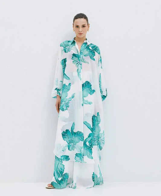 WHITE AND GREEN PRINTED LONG SEMI SHEER SHIRT