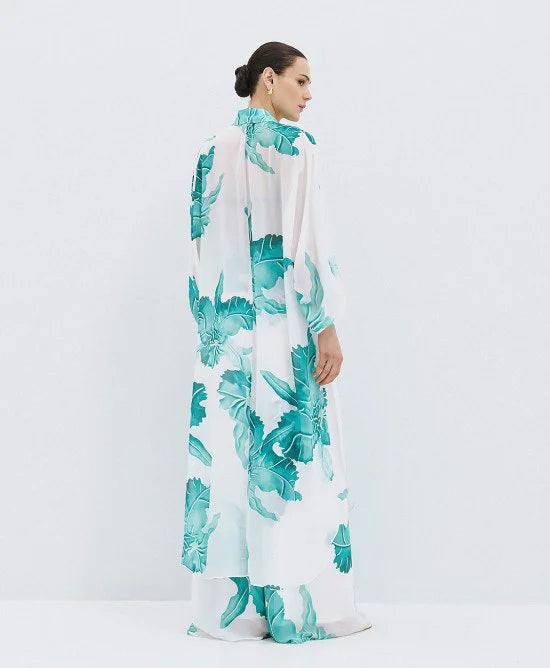 WHITE AND GREEN PRINTED LONG SEMI SHEER SHIRT