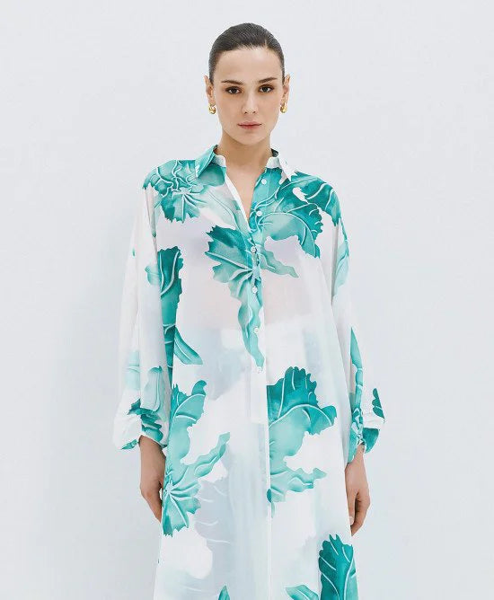 WHITE AND GREEN PRINTED LONG SEMI SHEER SHIRT