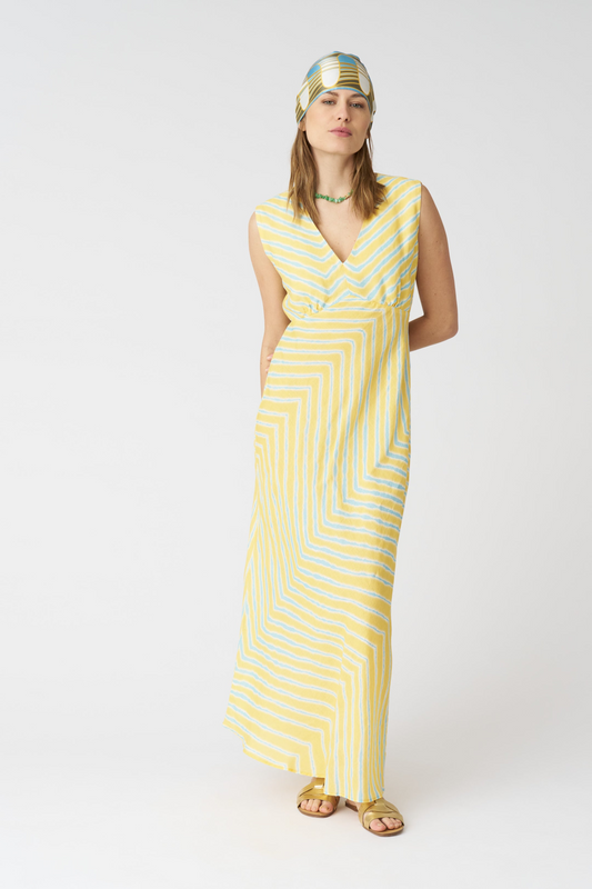 YELLOW BLUE AND WHITE STRIPED LINEN DRESS