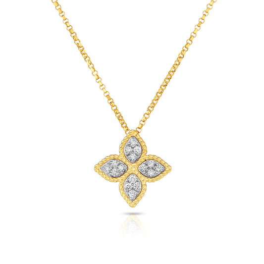 18K YWG DIAMOND PRINCESS FLOWER MEDIUM PENDANT NECKLACE