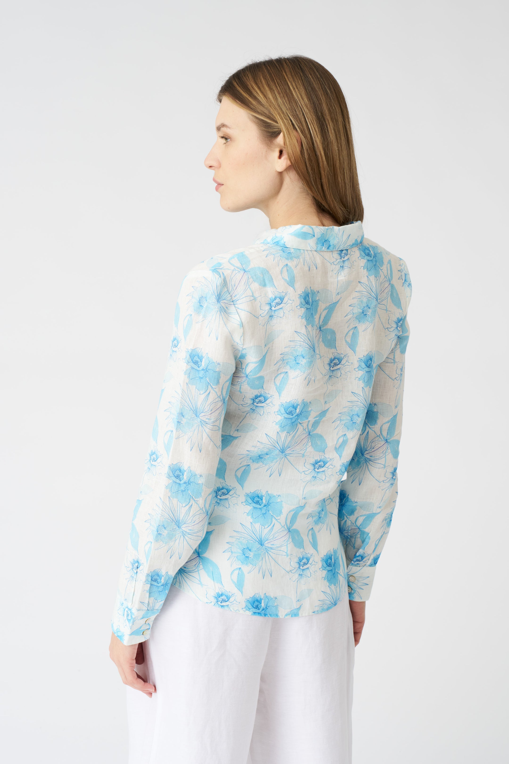 LIGHT BLUE FLOWER PRINT WHITE LINEN BLOUSE