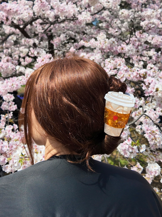 HAND-PAINTED HEART COFFEE CUP ACETATE CLAW HAIR CLIP