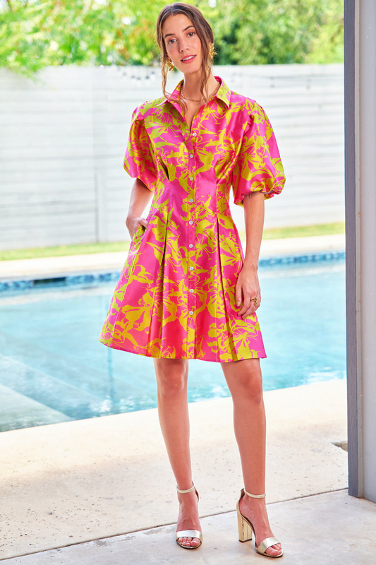 ALICIA JACQUARD PRINT DRESS - PINK CHARTRUESE